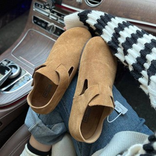 รองเท้า Burken หนังแท้สำหรับผู้หญิงกลางแจ้งสวมไม้ก๊อกหนึ่งถีบรองเท้า Lazy Douban Shoes รองเท้า Boken Uglimeng สไตล์วินเทจแบบเต็มรูปแบบหัวเดียวรองเท้าส้นเตี้ยแบนนุ่ม แต่เพียงผู้เดียวสบาย Mueller รองเท้าสุขภาพลื่นและสวมใส่ได้