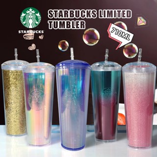 710ml Aurora brilliant Diamond Tumbler Starbucks แก้วกาแฟสองชั้นถ้วยน้ำพลาสติกถ้วยฟาง