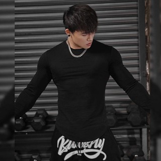 INS Solid Color European and American Long-Sleeved T-shirt Fitness Clothes Mens Casual Close-Fitting and Slim-Fitting Stretch Sports Training Top AAu2