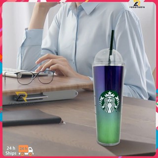 พร้อมส่ง Starbucks Fashion 16oz/24oz Double Layer Arch Cap Suction Cup Screw Cap Water Cup Eco-friendly Starbucks Cup Straw