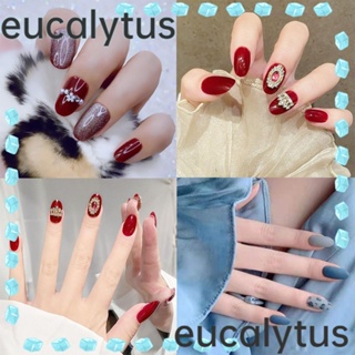 Eucalytus1 เล็บปลอม ลายดอกไม้ อัลมอนด์ แบบสั้น ถอดออกได้ สไตล์ฝรั่งเศส 24 ชิ้น