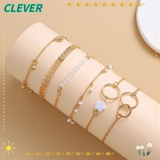 Clever สร้อยข้อมือ ประดับลูกปัด ลายดอกไม้ เรขาคณิต ใบไม้ สีทอง สไตล์โบฮีเมียน แฟชั่นสําหรับผู้หญิง 6 ชิ้น ต่อชุด