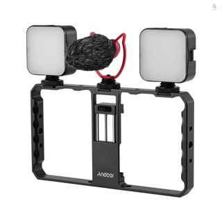Andoer สมาร์ทโฟนวิดีโอ Rig Grip พร้อม Rig Dual ไฟ LED ไมโครโฟนพร้อมช็อตเมาท์ สําหรับ Vlog ฟิล์มทําเข้ากันได้กับ iPhone Samsung HUAWEI