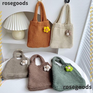 Rosegoods1 กระเป๋าถือ ผ้าขนสัตว์ถัก ลายดอกไม้ ความจุสูง ใช้ซ้ําได้ สําหรับผู้หญิง