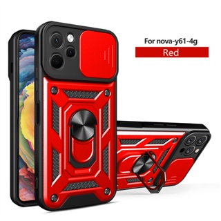 Push Pull Camera Lens Protect Phone Case For Huawei Nova Y61 Y70 Y90 Y 61 Y 70 Y 90 NovaY61 4G Shockproof Armor Casing Anti-fall Hard Bumper Ring Holder Bracket Back Cover Shell