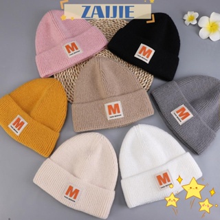 Zaijie24 หมวกถักนิตติ้ง ผ้าวูล ลายตัวอักษร ให้ความอบอุ่น สีพื้น แบบสวมหัว เหมาะกับฤดูหนาว สําหรับเล่นสกี