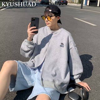 KYUSHUAD เย็บรอบคอออกแบบความรู้สึกคู่สบาย ๆ เสื้อแขนยาวญี่ปุ่นปลอมสองชิ้นคาร์ดิแกนเสื้อกันหนาวผู้ชาย