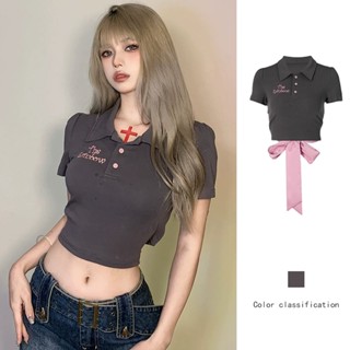ฤดูร้อนใหม่ เสื้อโปโล คอผูกโบว์ แขนสั้น เสื้อยืดผู้หญิง