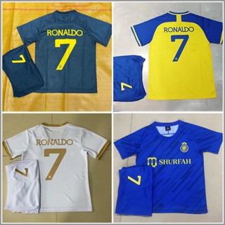 เสื้อกีฬาแขนสั้น ลายทีมชาติฟุตบอล Al-Nassr FC Ronaldo 2023 ชุดเหย้า สําหรับเด็กผู้ชาย และเด็กผู้หญิง