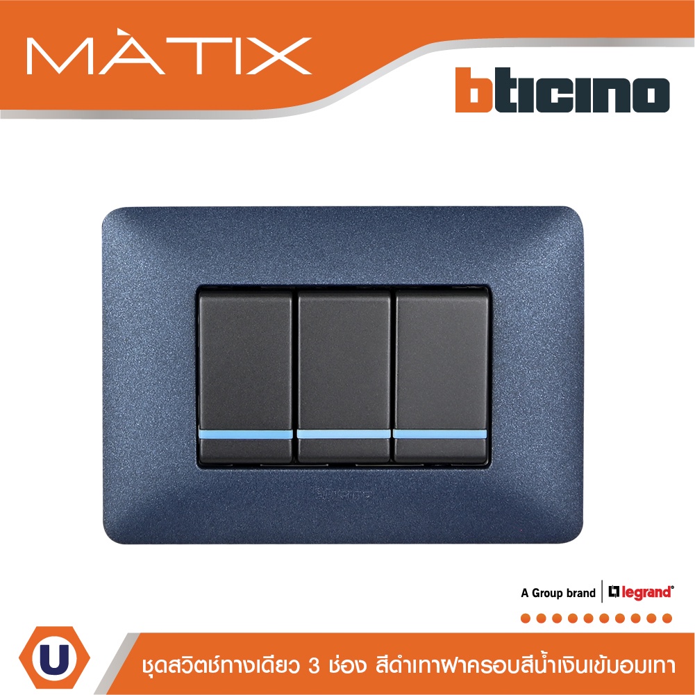 BTicino ชุดสวิตซ์ทางเดียว มีพรายน้ำ พร้อมฝาครอบ 3ช่อง สีน้ำเงิน มาติกซ์ | Matix | AG5001WTLN*3+AM480