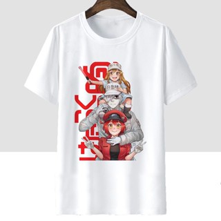 【สปอตสินค้า】 Cells At Work น่ารัก! เสื้อยืดลายการ์ตูนเซลล์แบคทีเรีย สีดำ-สีขาว แขนสั้น ไซส์ผู้ชายและผู้หญิงคอกลม