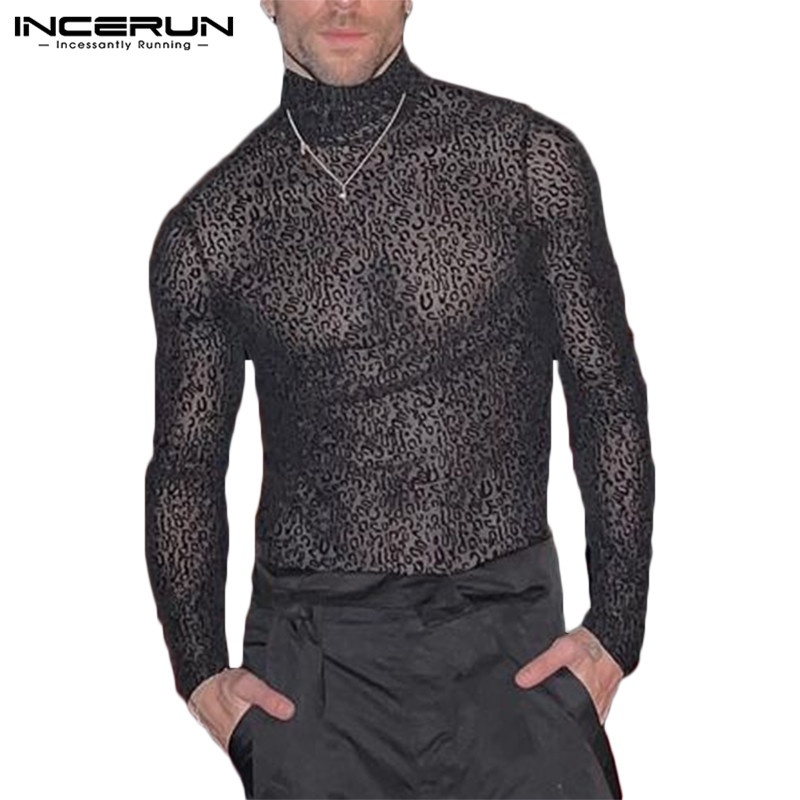 Incerun เสื้อยืด คอสูง ผ้าถัก ผ้าตาข่าย ลายเสือดาว