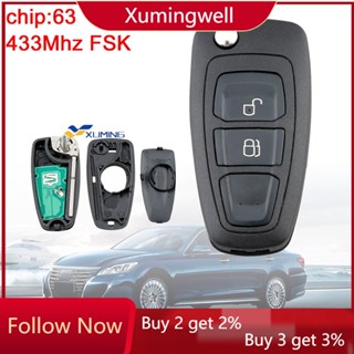 Xuming รีโมตกุญแจรถยนต์ 2 ปุ่ม 433MHz FSK พร้อมชิป 4D63 สําหรับ Ford Ranger Focus Mondeo 2012-2015