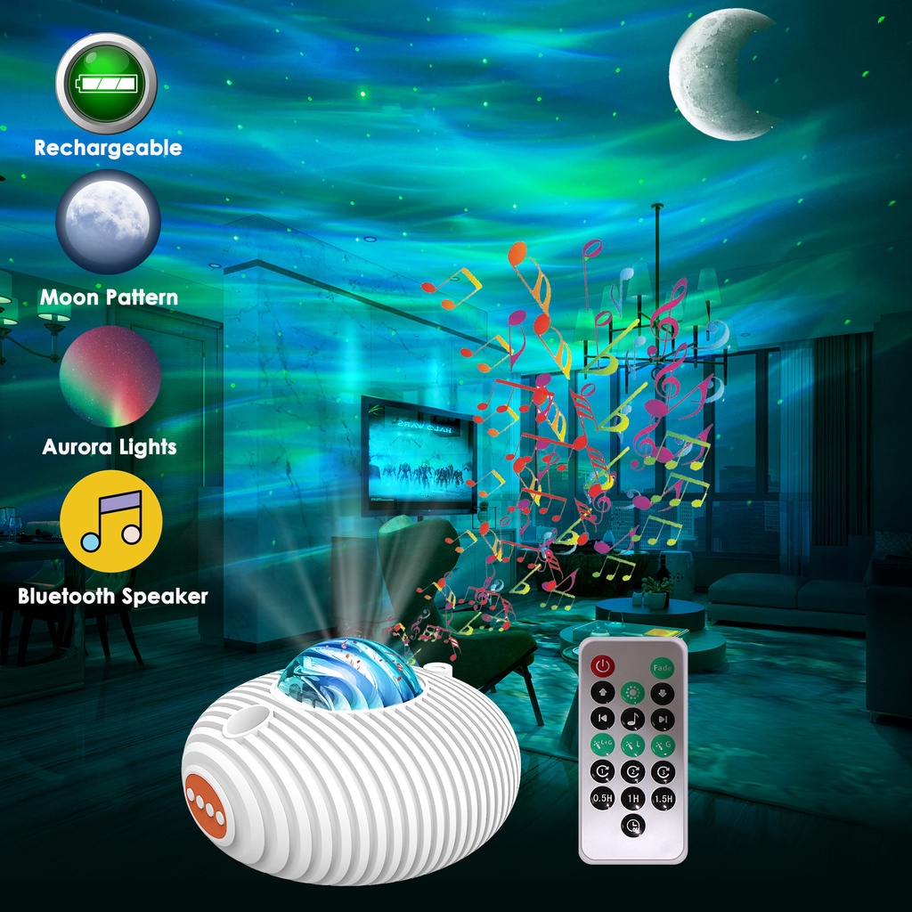 UNOLUX LED โปรเจคเตอร์ ดวงดาว ดวงจันทร์ สีเขียว ออโรร่า 14 สี ลำโพงบลูทูธ พกพา ชาร์จได้