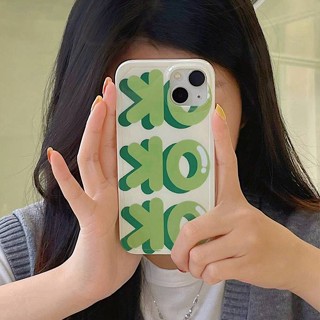 เคสโทรศัพท์มือถือ ซิลิโคนนิ่ม กันรอยกล้อง ลายตัวอักษร OK สีเขียว สําหรับ iPhone 11 12 13 14 Pro Max 14 Plus 14+