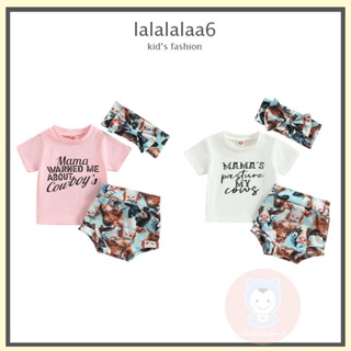 Laa6- เสื้อแขนสั้น พิมพ์ลายตัวอักษร และกางเกงขาสั้น พิมพ์ลายวัว และที่คาดผม สไตล์ตะวันตก สําหรับเด็กผู้หญิง 3 ชิ้น