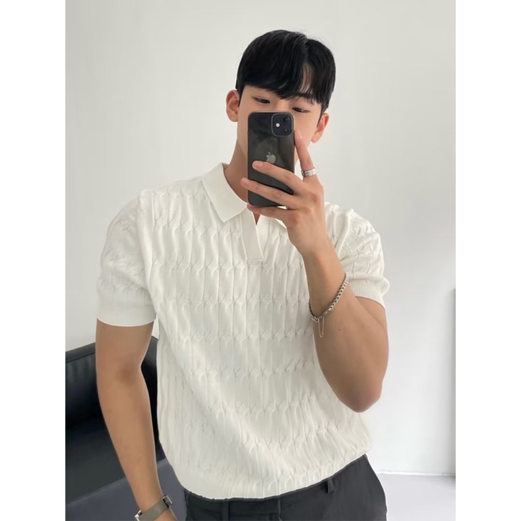 P POLO Sugi ผู้ชายฤดูร้อนครึ่งแขน High-End Sense Slim-fit ปกสีทึบสบายๆบาง Hal