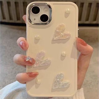 เคสป้องกันโทรศัพท์มือถือ แบบนิ่ม ลายหัวใจ สีขาว ประดับไข่มุก สําหรับ Iphone 14promax 13promax 12 11 7plus xs