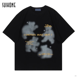 Suikone    ใหม่ผู้ชายเสื้อยืดพิมพ์ลายหมีแขนสั้นสไตล์ฮ่องกงแฟชั่นหลวมคอกลมผ้าฝ้ายเสื้อยืดใส่ได้ทั้งชายและหญิง