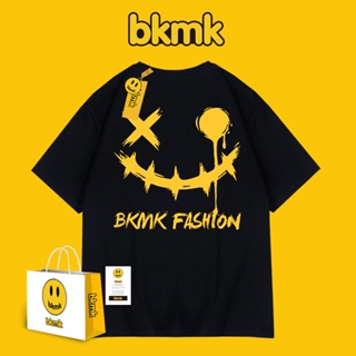 Bkmk เสื้อยืดแขนสั้น ทรงหลวม ลายหน้ายิ้ม สีดํา สไตล์เกาหลี ฮิปฮอป สําหรับผู้ชาย