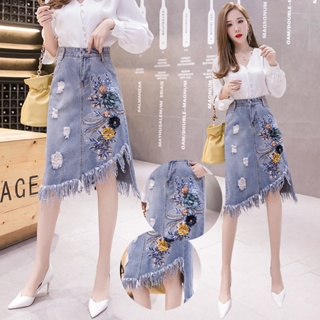 [New product in stock] tassel hole denim skirt womens woolen fashionable irregular skirt Korean style three-dimensional flower mid-length skirt quality assurance N5JE