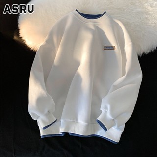 ASRV เสื้อฮู้ดผู้ชาย เสื้อสเวตเตอร์ใหม่ผู้ชายสไตล์ฮ่องกงหลวมคอกลมเรียบง่ายเทรนด์ยอดนิยมแบรนด์การติดฉลากที่ตรงกันทั้งหมด