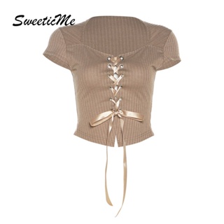 Sweeticme ใหม่ เสื้อยืดลําลอง แขนสั้น คอสี่เหลี่ยม เข้ารูป สีพื้น แฟชั่นสําหรับสตรี 2023