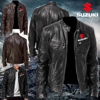 เสื้อแจ็กเก็ตหนังแขนยาว คอปกตั้ง ลายทีมมอเตอร์สปอร์ต Suzuki GSXR แฟชั่นฤดูใบไม้ร่วง และฤดูหนาว สไตล์วินเทจ สําหรับผู้ชาย