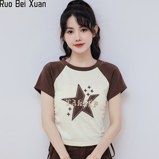 RUO BEI XUAN ใหม่ผู้หญิงเสื้อยืดแขนสั้นพิมพ์ลาย Raglan แขนรอบคอเสื้อใหม่