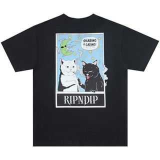 Ripndip เสื้อยืดแขนสั้น ผ้าฝ้าย ทรงหลวม พิมพ์ลายการ์ตูนแมว RIPNDIP สไตล์อเมริกัน สําหรับผู้ชาย และผู้หญิง