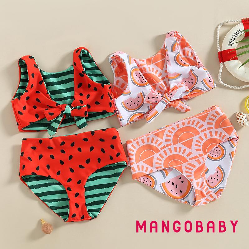 Mgg-kid Girl ชุดว่ายน้ําบิกินี่,แขนกุด V คอแตงโมพิมพ์ชุดว่ายน้ําสาวชายหาดฤดูร้อนเสื้อกั๊ก + กางเกงใน