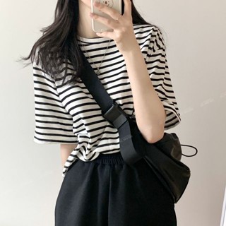 Striped short-sleeved t-shirt women in 2023 new fashion summer plus-size loose  oversize T-shirt women