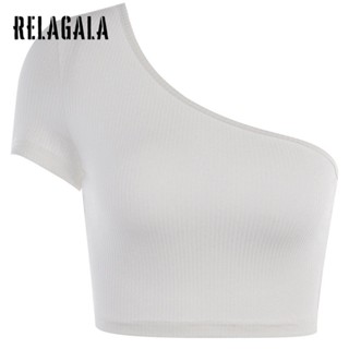 Relagala เสื้อยืดครอปท็อป เปิดไหล่ข้างเดียว ผ้าถัก เข้ารูป สีพื้น สําหรับผู้หญิง 2023