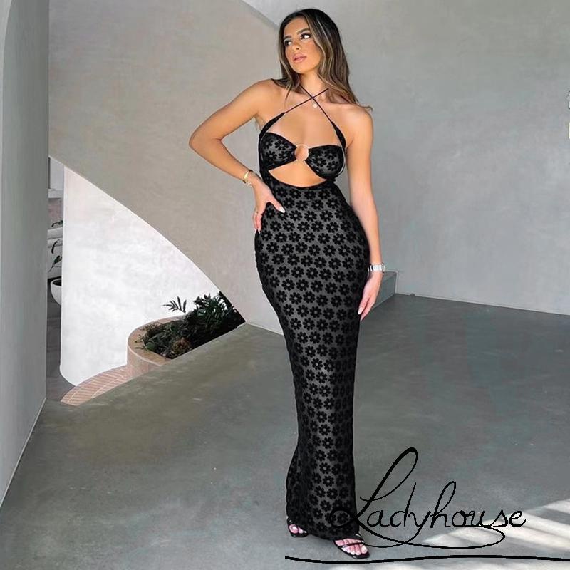 (จัดส่งในกรุงเทพฯ)-ผู้หญิง Halter คอชุดยาว Sheer Cutout Backless Bodycon Party ชุดสําหรับค็อกเทล Beach Club ฤดูร้อน Streetwear