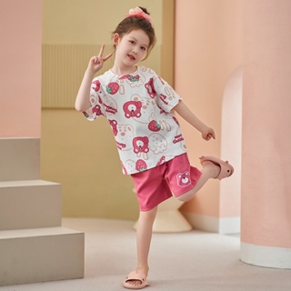 Summer new short-sleeved pure cotton childrens pajamas Thin Section Cute Cartoon Strawberry Bear Children Homewear