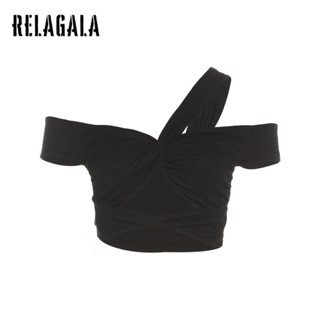 Relagala เสื้อครอปท็อป แขนสั้น คอเข้ารูป สีพื้น สําหรับผู้หญิง 2023