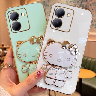 เคสโทรศัพท์มือถือแบบนิ่ม TPU ขอบตรง พร้อมขาตั้งแม่เหล็ก และกระจก สําหรับ VIVO Y36 5G 4G Y02t 2023 เคส Phone Case