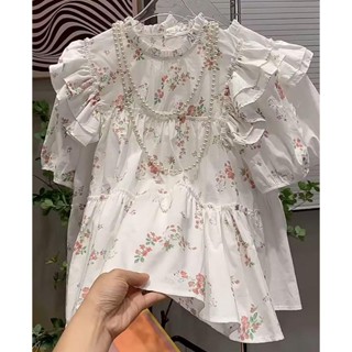 Extra large size 300 jin flying sleeves agaric edge collar broken flower shirt female minority loose show thin sweet top trend