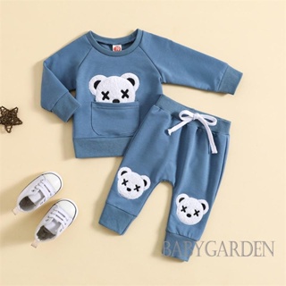 Babygarden-0-3 ปี ชุดเสื้อผ้าเด็กผู้ชาย แขนยาว ปักลายหมี + กางเกง แบบผูกเชือก