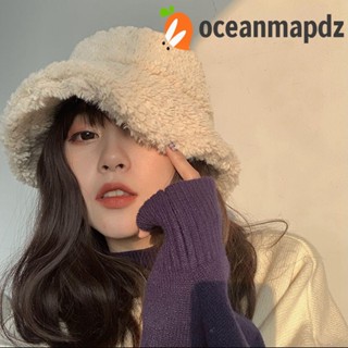 OCEANMAPDZ หมวกบักเก็ตลําลอง ผ้าขนแกะ แบบพกพา สไตล์เรียบง่าย สําหรับผู้หญิง