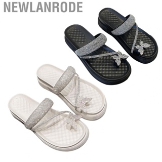 Newlanrode Toe Ring Slide Sandal  Rhinestone Casual Slip Resistant Shiny  Flip Flops Platform for Lady Holiday