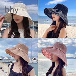 Bhy หมวกบักเก็ต กันแดด ระบายอากาศ ปรับขนาดได้ สีพื้น แฟชั่นฤดูร้อน สําหรับผู้หญิง