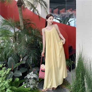 ชุดเดรสยาวเซ็กซี่ ทรงหลวม สีเหลืองอ่อน สไตล์ฝรั่งเศส สําหรับสตรี