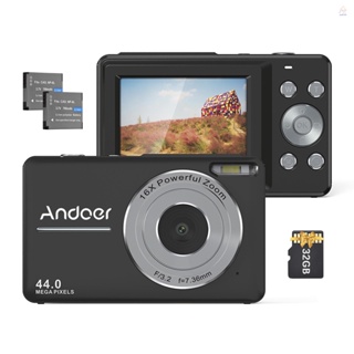 Andoer กล้องบันทึกวิดีโอดิจิทัล 1080P 44MP ออโต้โฟกัส หน้าจอ IPS 2.5 ซูม 16X กันสั่น จับใบหน้า กันสั่น พร้อมการ์ดหน่วยความจํา 32GB แบตเตอรี่ 2 ชิ้น