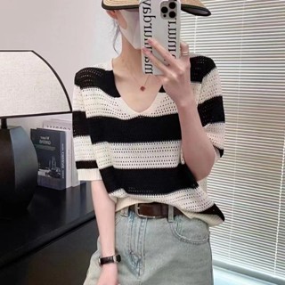 3597#欧货镂空V领冰丝短袖T恤女夏撞色条纹宽松百搭薄针织衫上衣
