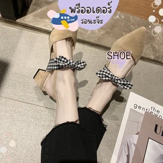 [เหมือนแบบ] รองเท้าส้นสูง 2 นิ้ว แต่งโบว์ เปิดส้น หัวแหลม รองเท้าผู้หญิง shoe preorder