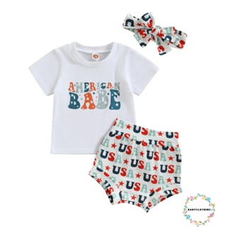 Babyclothes- ชุดเสื้อยืด แขนสั้น พิมพ์ลายตัวอักษร พร้อมกางเกงขาสั้น และที่คาดผม สําหรับเด็กทารกผู้หญิง สําหรับวันประกาศอิสรภาพ