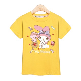 เสื้อยืด ผ้าฝ้าย พิมพ์ลายการ์ตูน Sanrio My Melody น่ารัก แฟชั่นฤดูร้อน สําหรับเด็กผู้หญิง อายุ 3-14 ปี