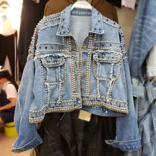 European Station Autumn New Korean Style Heavy Industry Handmade Willow Nail Nail Drill Fashion All-match Short Denim Jacket Womens Coat Trendy