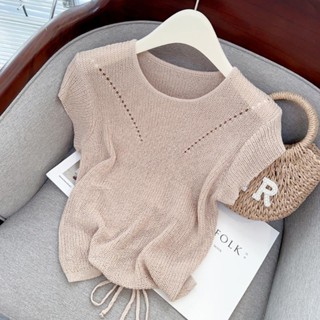 Milyfashion เสื้อแขนสั้น เปิดหลัง ผ้าลูกไม้ แว็กซี่นิ่ม สไตล์ฝรั่งเศส แฟชั่นฤดูร้อน